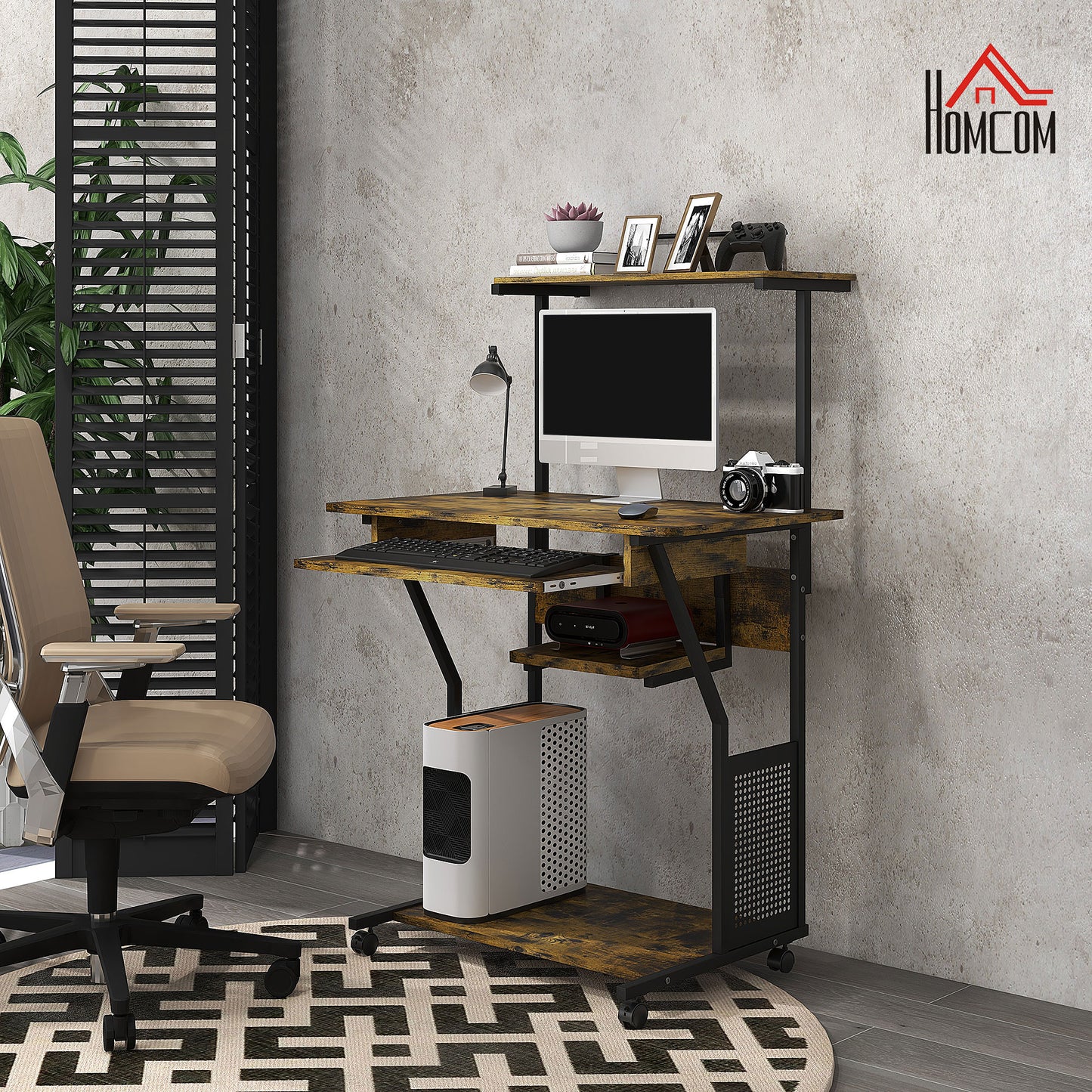 Nisuke 80cm Brown And Black Work Home Office Desk With Sliding Keyboard Tray And Storage