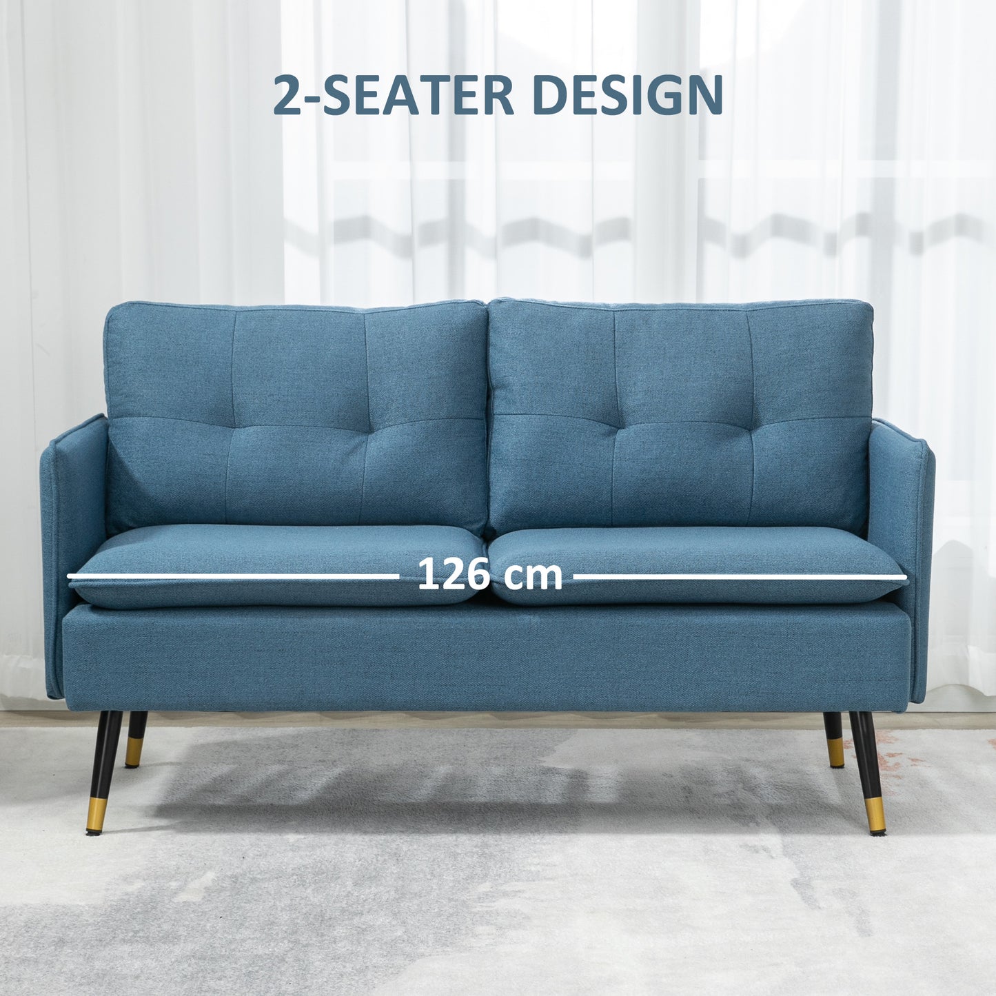 Mado Fabric Dark Blue Button Tufted 2 Seater Sofa With Cushions And Steel Legs