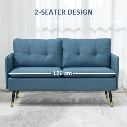 Mado Fabric Dark Blue Button Tufted 2 Seater Sofa With Cushions And Steel Legs