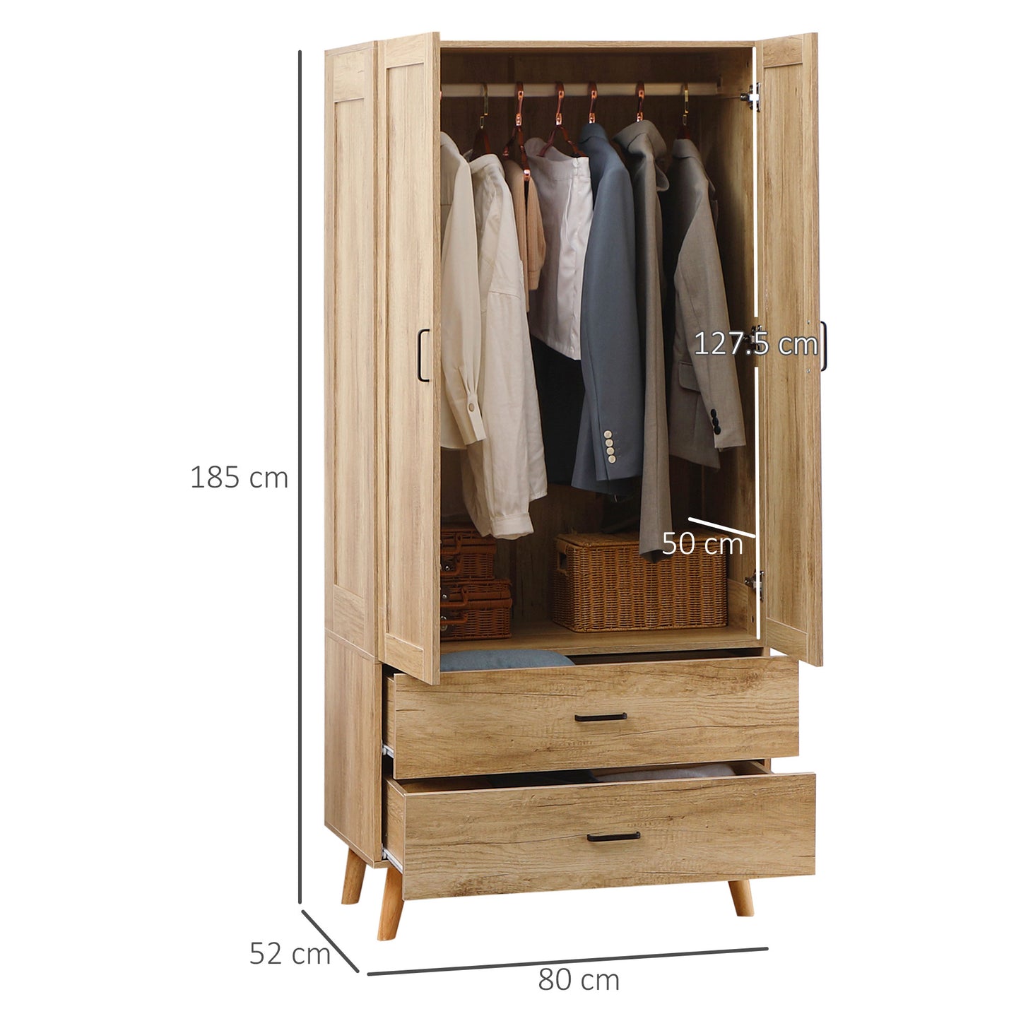 Corasoro Natural Wood Finish 2 Door Modern Wardrobe With 2 Drawers And Hanging Rail
