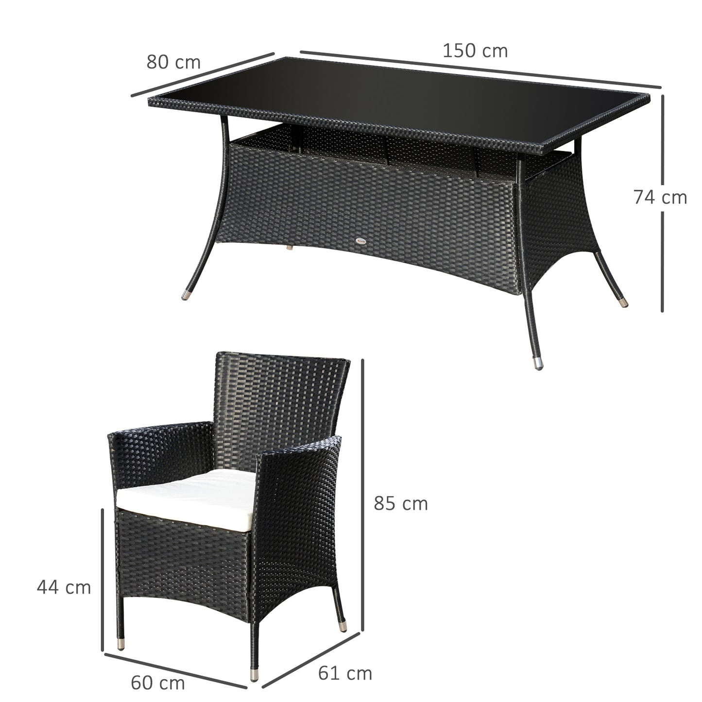 Loreke Black Rattan 6 Seater Outdoor Dining Set With Armchairs And Glass Top Table