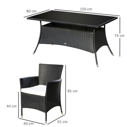 Loreke Black Rattan 6 Seater Outdoor Dining Set With Armchairs And Glass Top Table