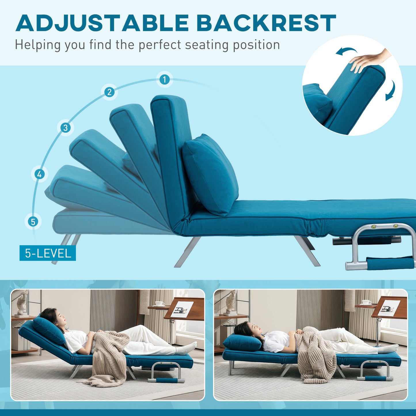 Neyo Faux Suede Blue 4 In One Convertible Chair Bed