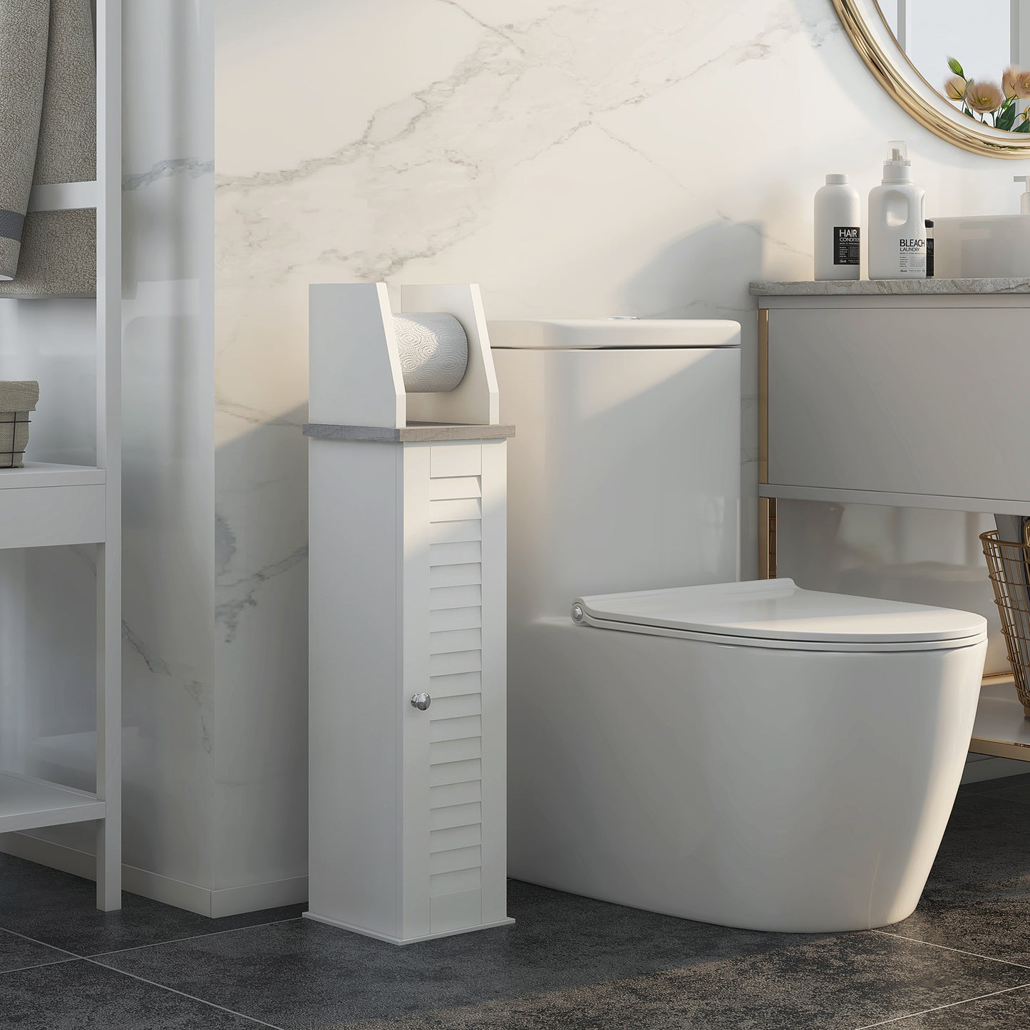 Semike Slim Bathroom Floor Storage Cabinet With Toilet Roll Holder Cupboard And Adjustable Shelving White