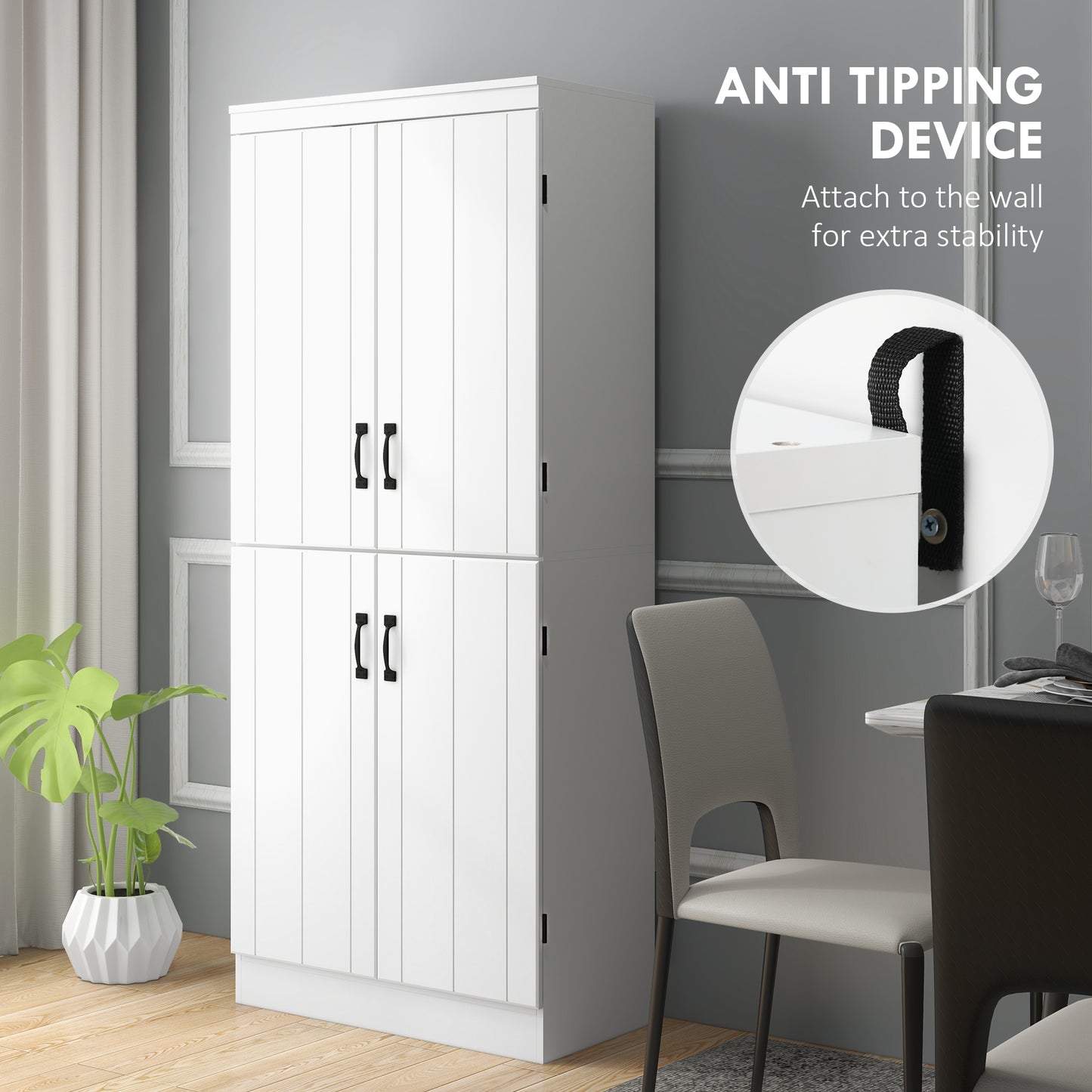 Nahado Wooden White 4 Door Tall Kitchen Cupboard With 6 Tier Storage And Adjustable Shelves