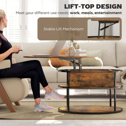 Renata Metal And Wooden Brown Round Lift Top Coffee Table With Hidden Storage