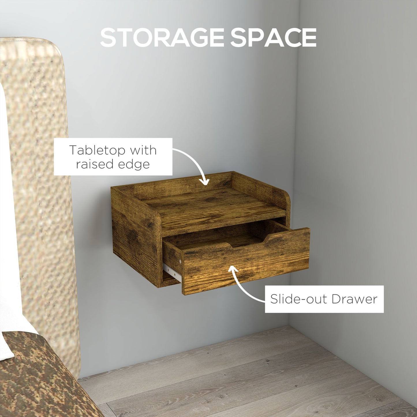 Mita Tova Rustic Brown Set Of 2 Wall Mounted Floating Bedside Tables With Drawer Storage