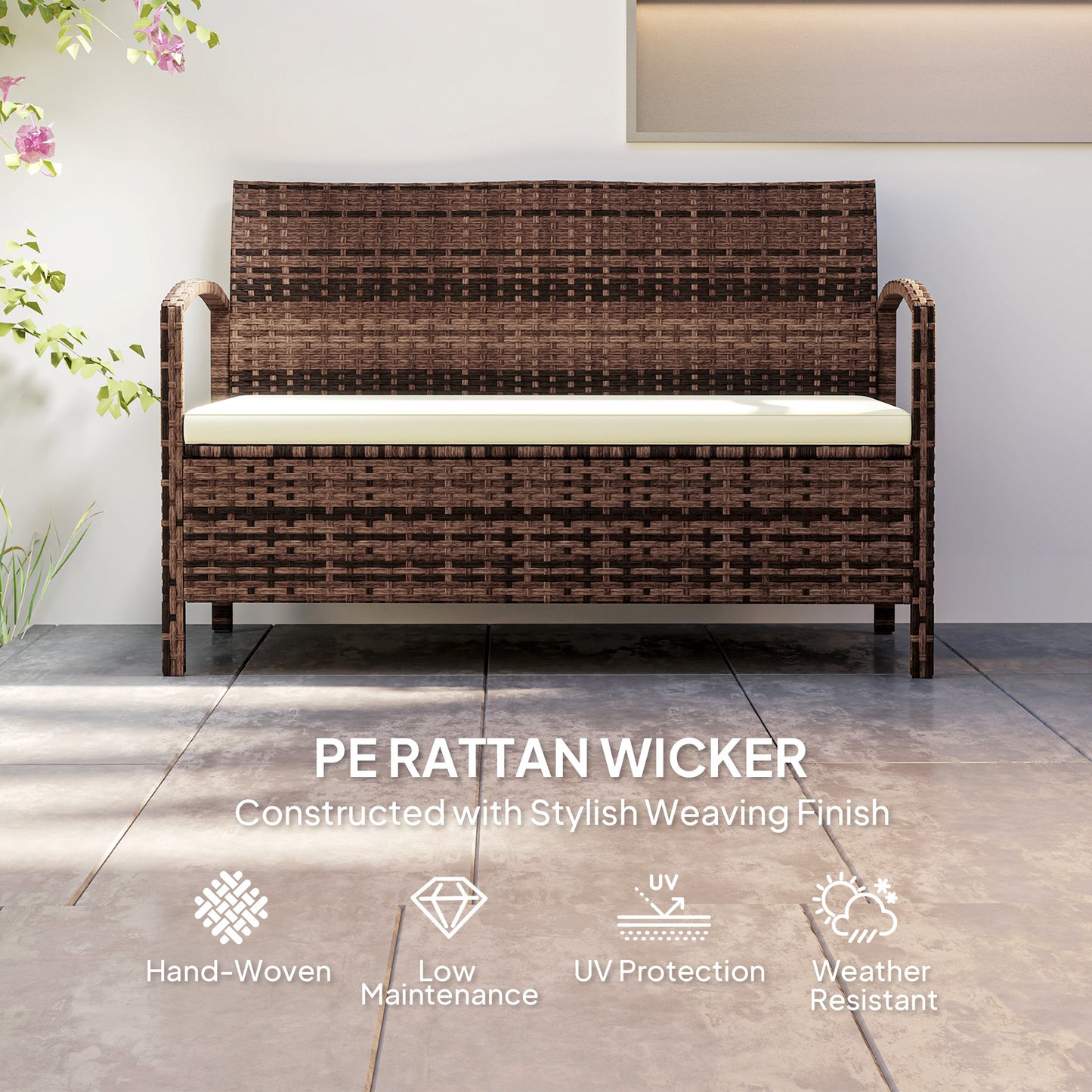 Rarette Rattan Brown Garden Storage Bench With Cushion 125L Capacity
