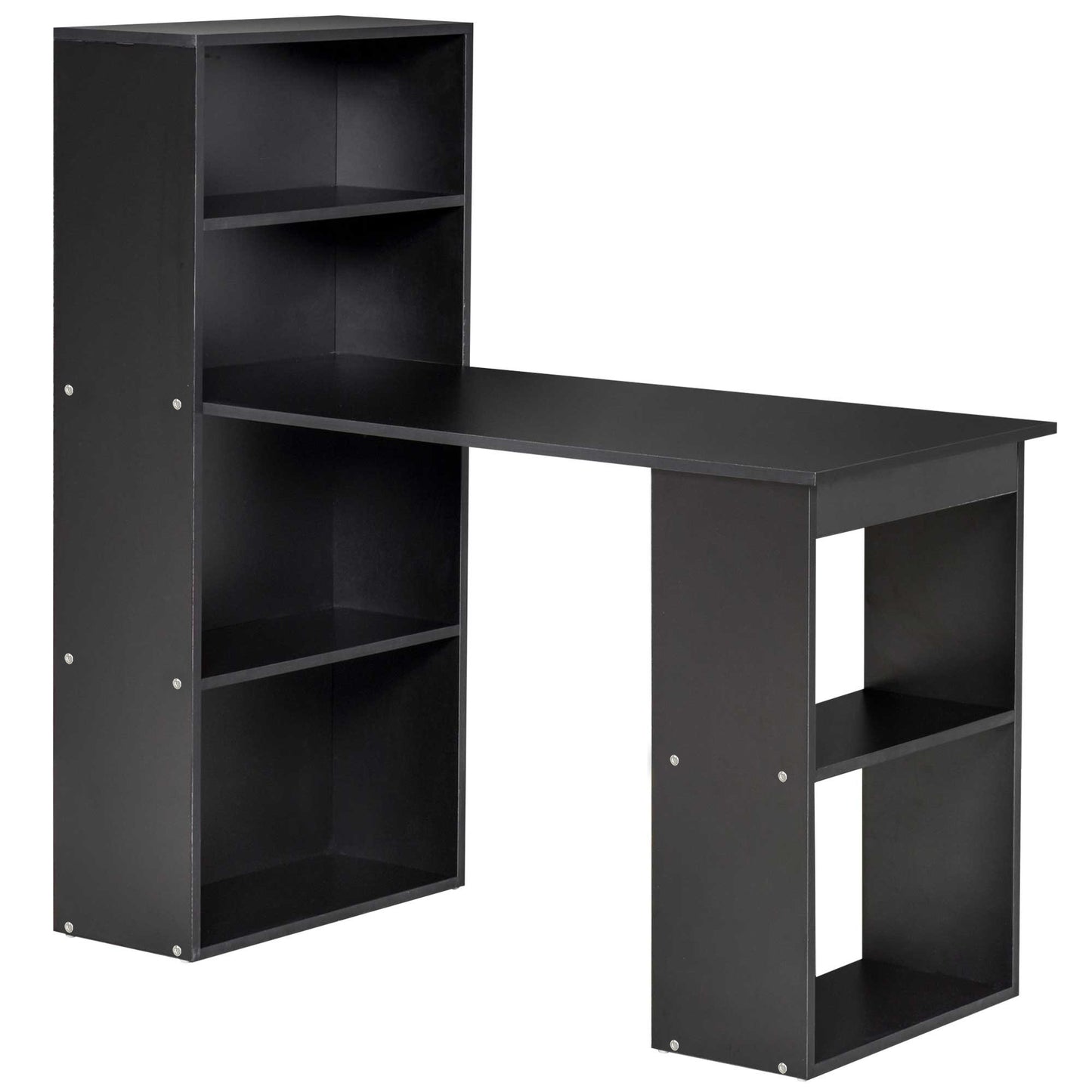 Elni 120cm Wooden Black Study Desk With 6 Tier Bookshelf Storage