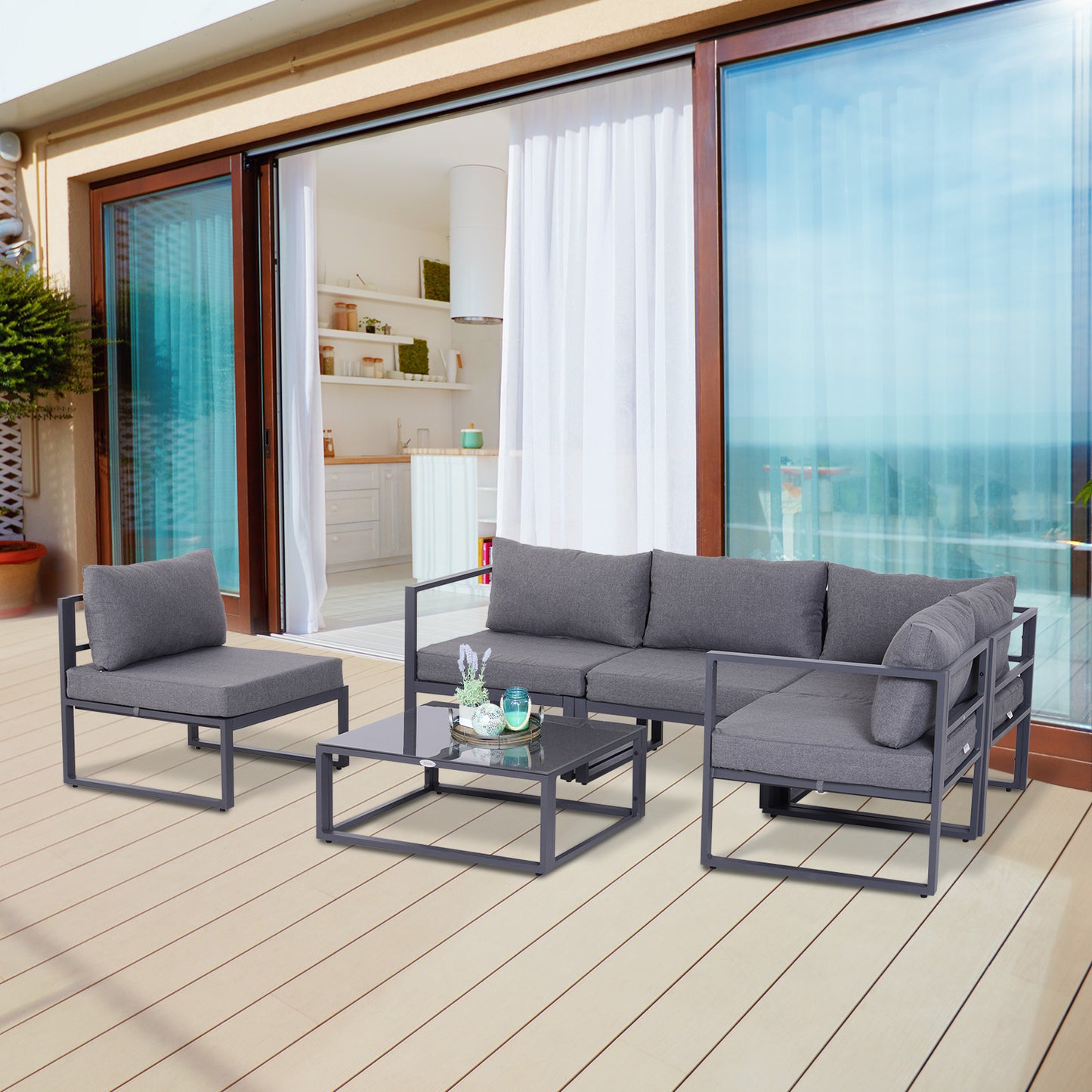 Dokase 5 Seater Grey Outdoor Corner Sofa Set with Coffee Table and Chair Aluminium Framae