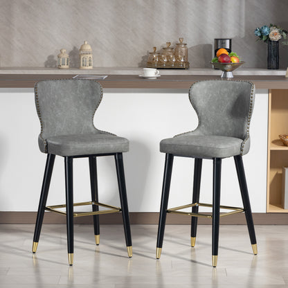 Finomo Set Of 2 Grey Faux Leather Bar Stools With Wooden Legs And Footrest