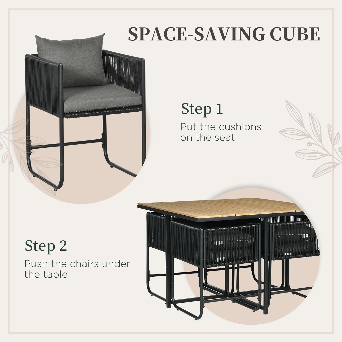 Lilere Rattan Black 4 Seater Cube Garden Dining Set With Cushions And Rectangular Wood Grain Table
