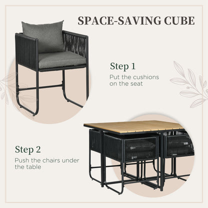 Lilere Rattan Black 4 Seater Cube Garden Dining Set With Cushions And Rectangular Wood Grain Table