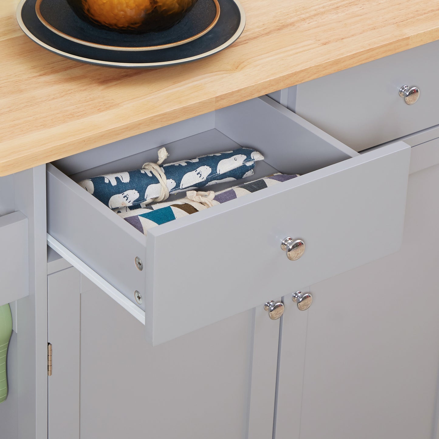 Mobani Natural Top Grey Wood Rolling Kitchen Island With Drawers Towel Rack And Hooks
