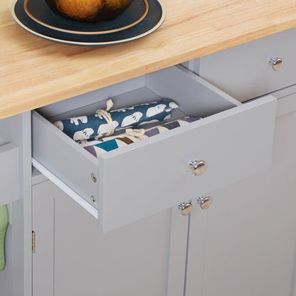 Mobani Natural Top Grey Wood Rolling Kitchen Island With Drawers Towel Rack And Hooks