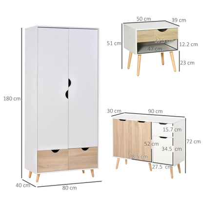 Coramoro 4 Piece Natural Wood And White Bedroom Furniture Set With Wardrobe 2 Bedside Tables And Cabinet