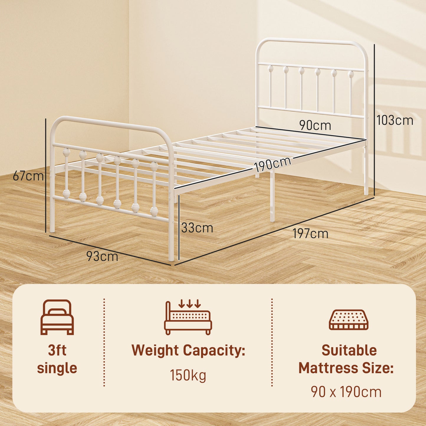 Keli 3FT White Metal Minimalist Single Metal Bed Frame