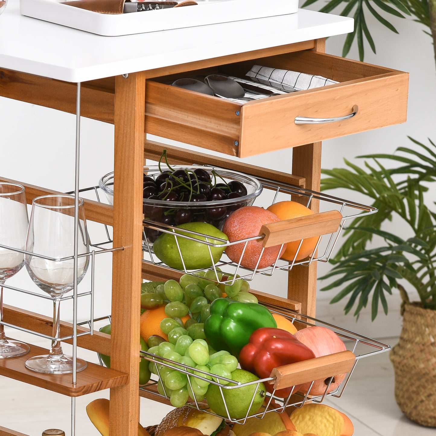 Domo Natural Wood Rolling Kitchen Cart With 4 Basket Drawers And Side Racks