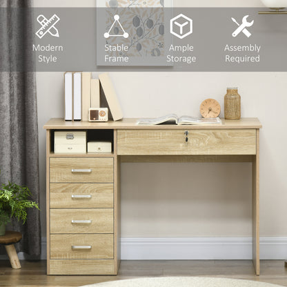 Yodino 110cm Oak Finish Home Office Desk With 5 Drawers And Side Shelving