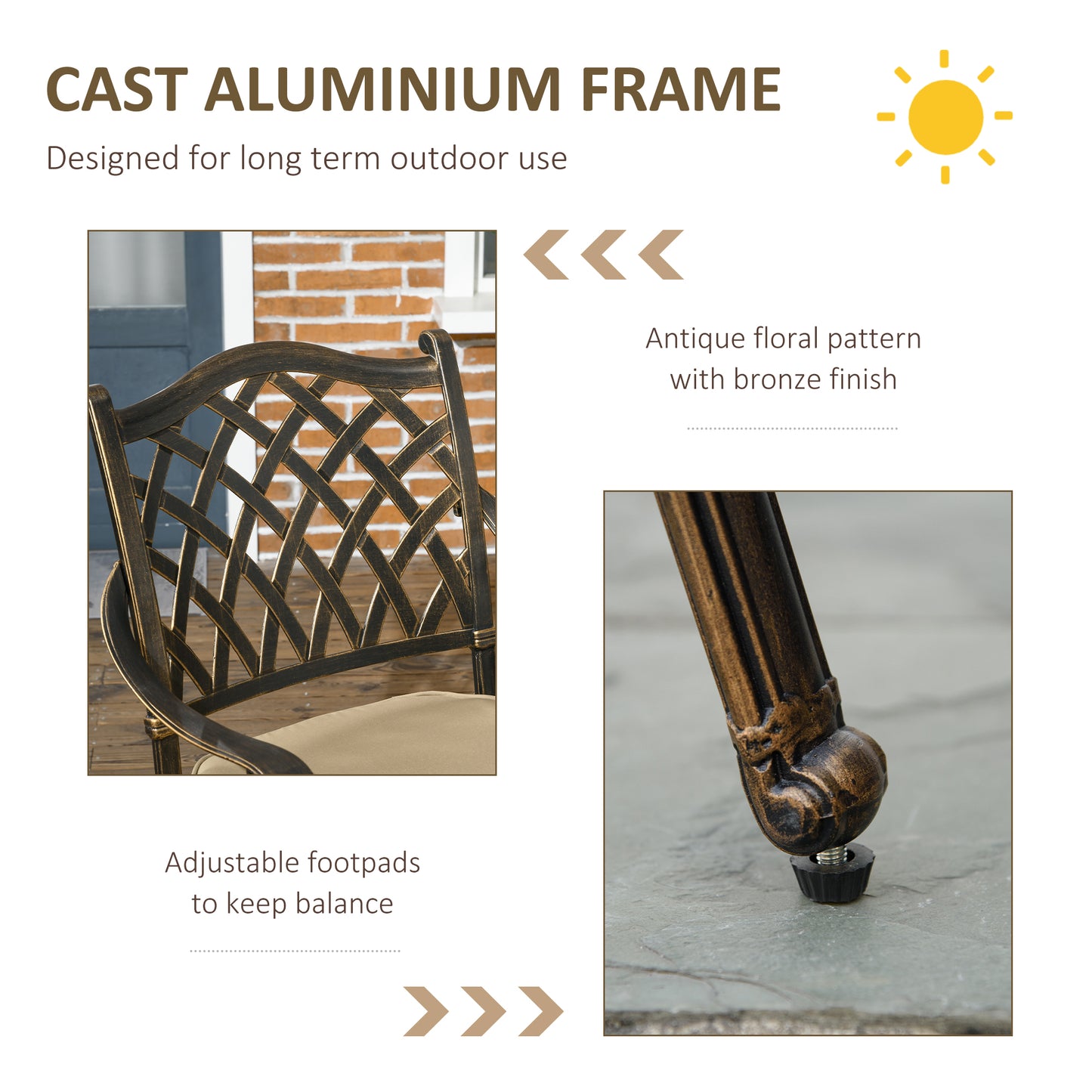Nera Cast Aluminium Bronze 4 Seater Outdoor Dining Set With Cushions And Round Table