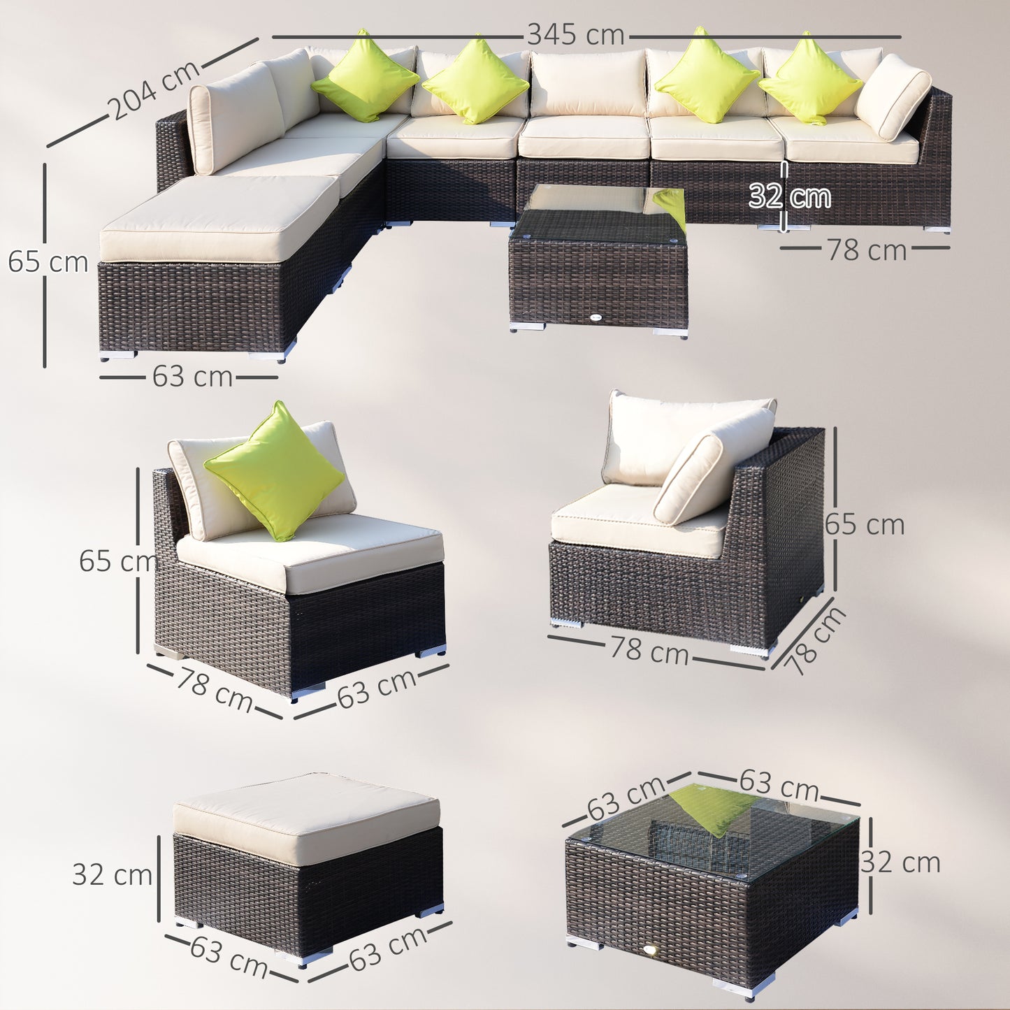 Dobazi  Mixed Brown Rattan 6 Seater Corner Sofa Set With Cushions And Glass Coffee Table