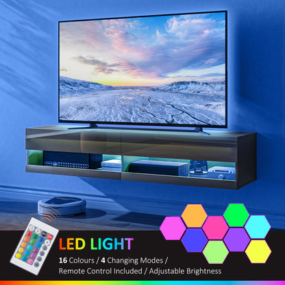 Vare 150cm High Gloss Black Floating TV Unit With LED Lighting For Screens Up To 65 Inches