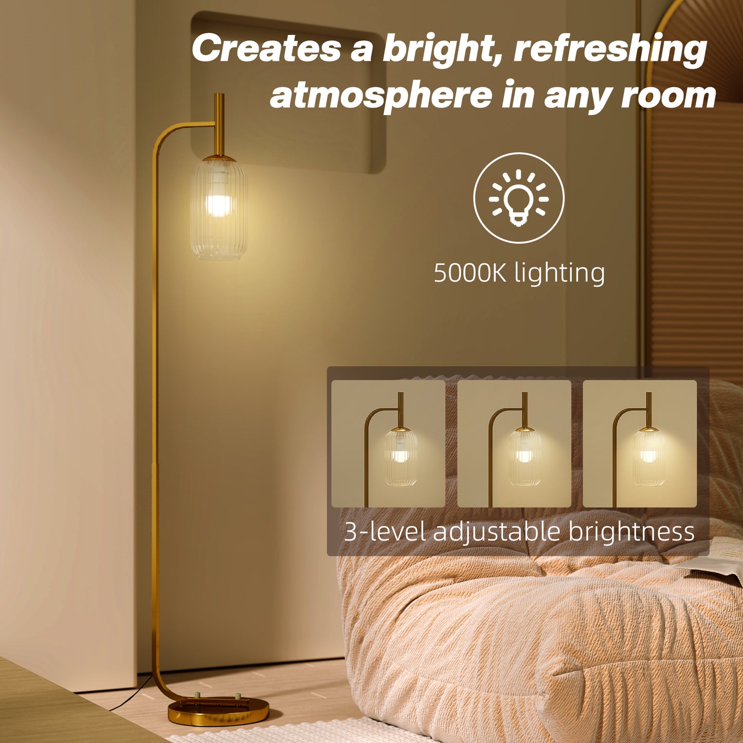 Zizi Metal Gold Tone LED Floor Lamp With Glass Shade And Adjustable Brightness