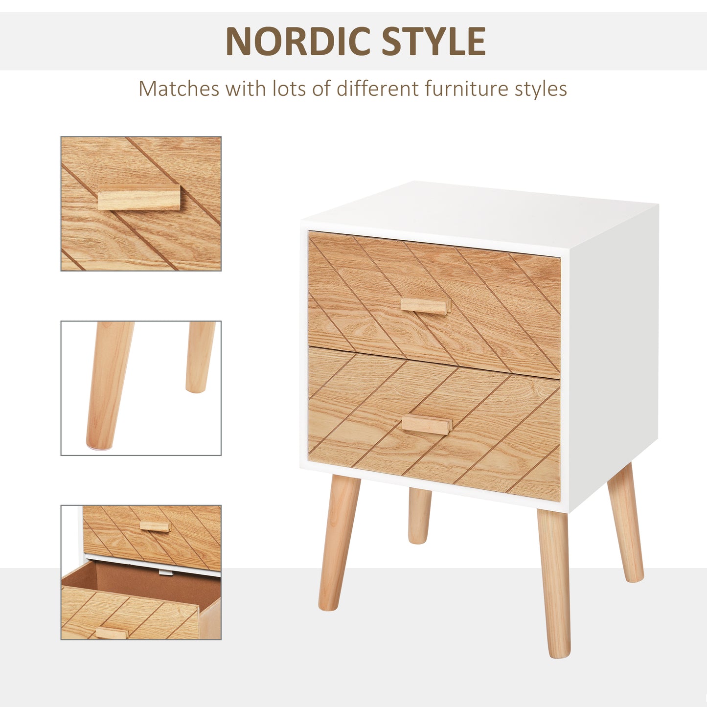 Sutare Wood Natural Finish 2 Drawer Bedside Table with Chevron Design