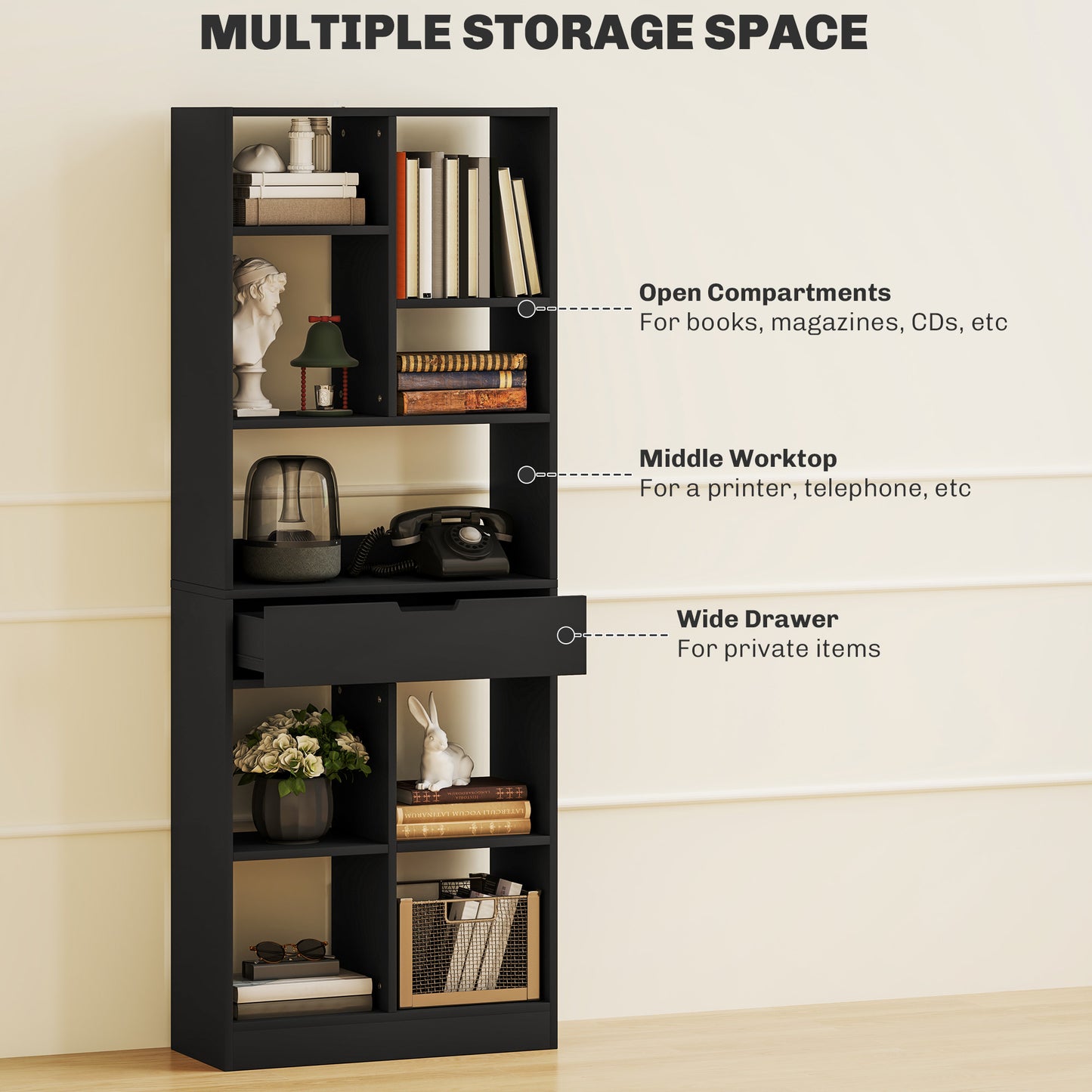 Farama Kedo Metal And Wood Black Tall Freestanding Bookcase With Drawer Storage