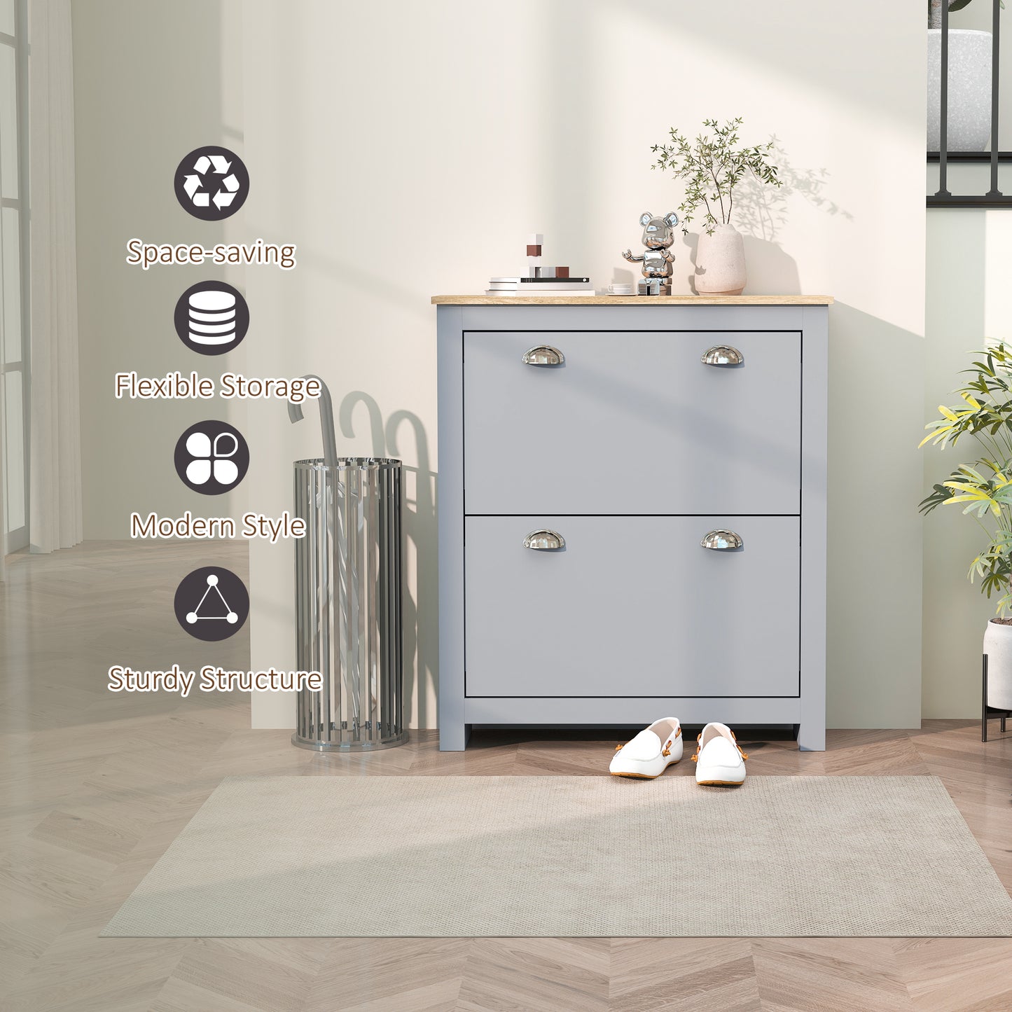 Kamcha Grey and Natural Wood Narrow Shoe Cabinet With 2 Flip Drawers For 6 To 12 Pairs