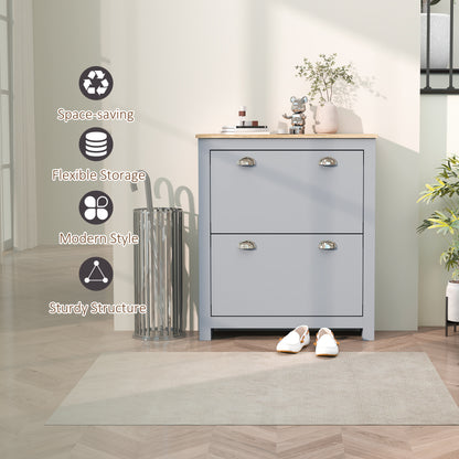 Kamcha Grey and Natural Wood Narrow Shoe Cabinet With 2 Flip Drawers For 6 To 12 Pairs