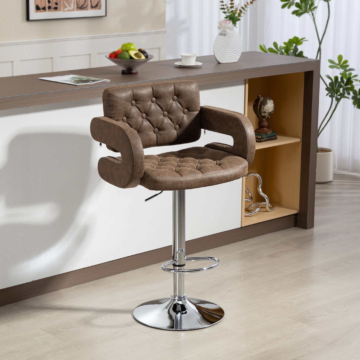 Fivepa Coffee Brown Faux Leather Adjustable Swivel Bar Stool With Armrests