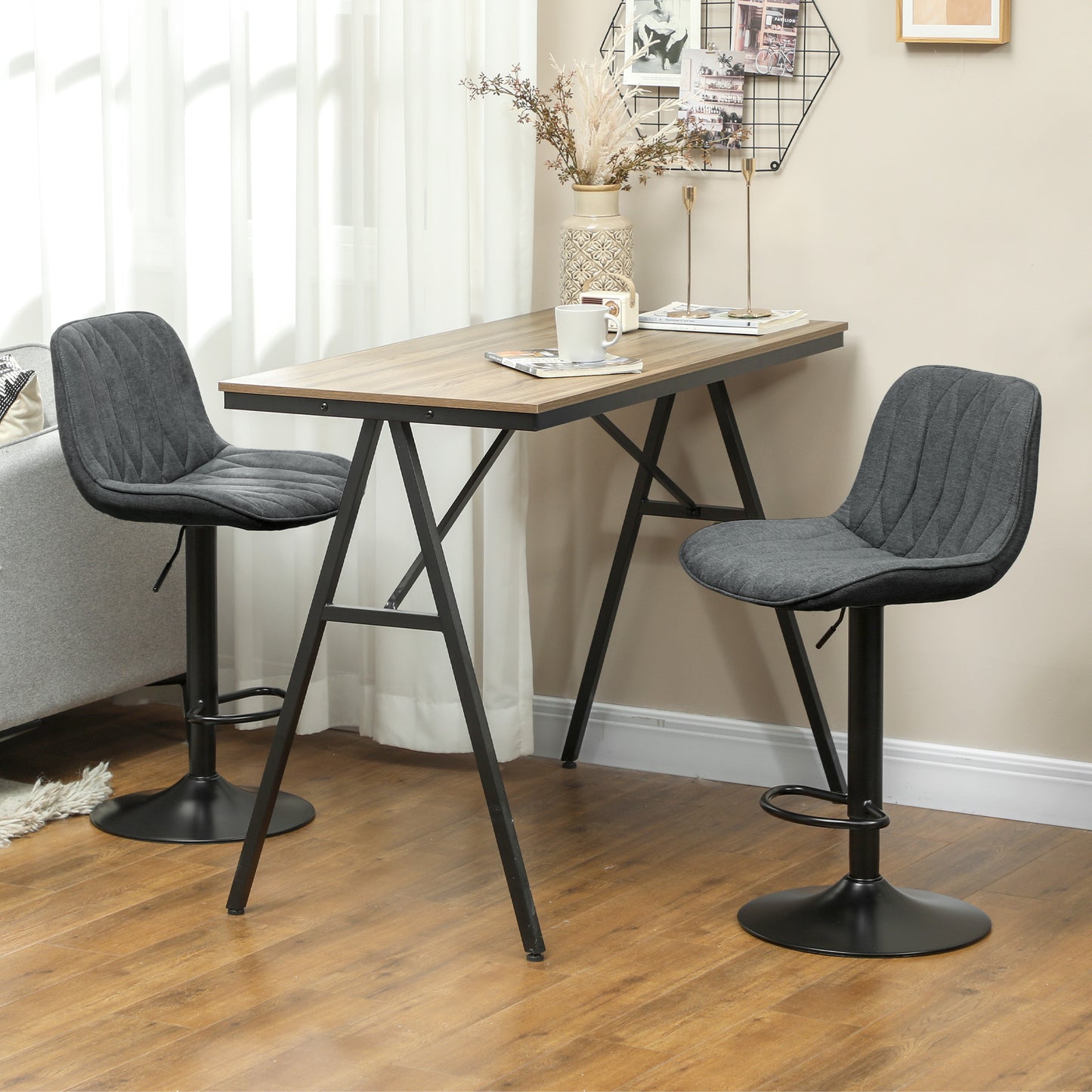 Likaha Fabric Charcoal Grey Linen Look Bar Stools Set Of 2