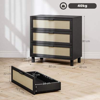 Yorami Wood And Rattan Black 3 Drawer Boho Storage Chest