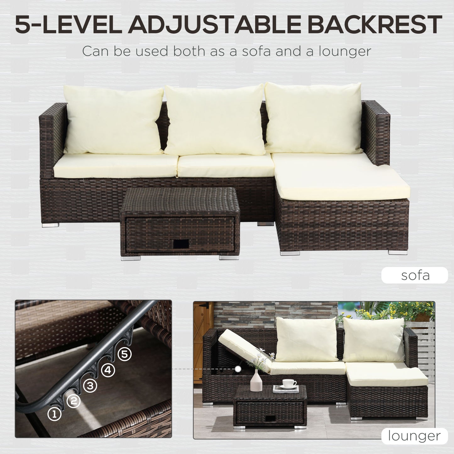 Lilisa Rattan Brown and Cream 3 Piece Garden Sofa Set With Storage Table