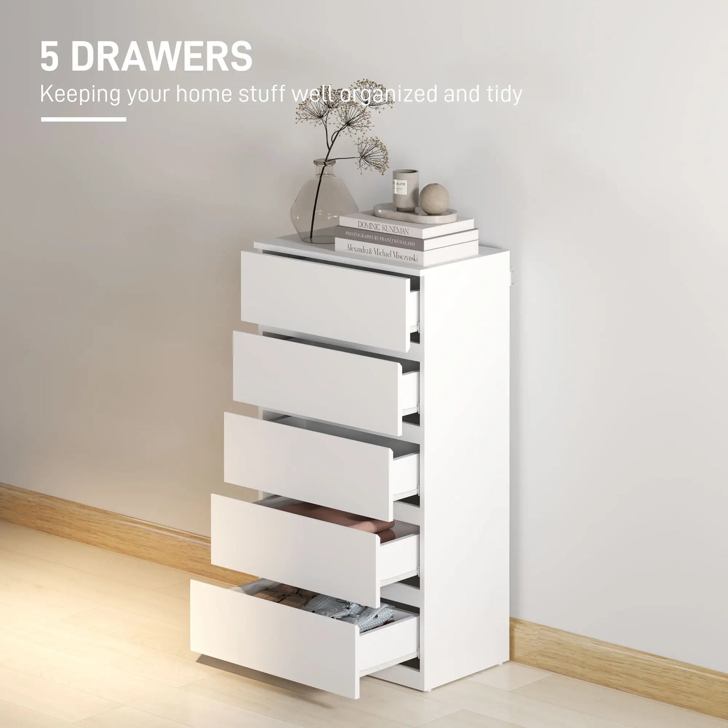 Staki Wooden Neutral Finish 5 Drawer Modern Storage Chest