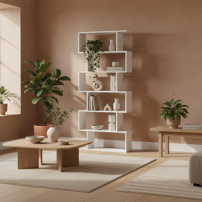 Dotozi Wood White 6 Tier S Shaped Display Bookcase