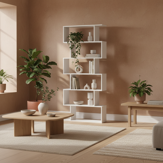 Dotozi Wood White 6 Tier S Shaped Display Bookcase