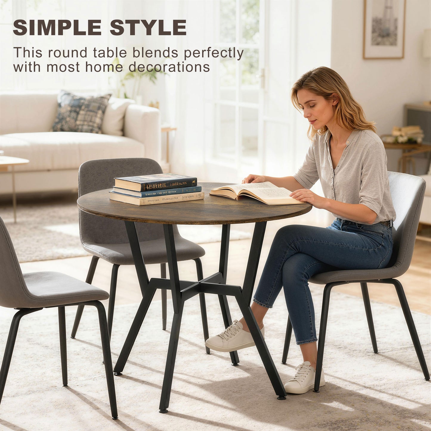 Molu Rustic Brown Round Dining Table With Black Metal Legs 90cm