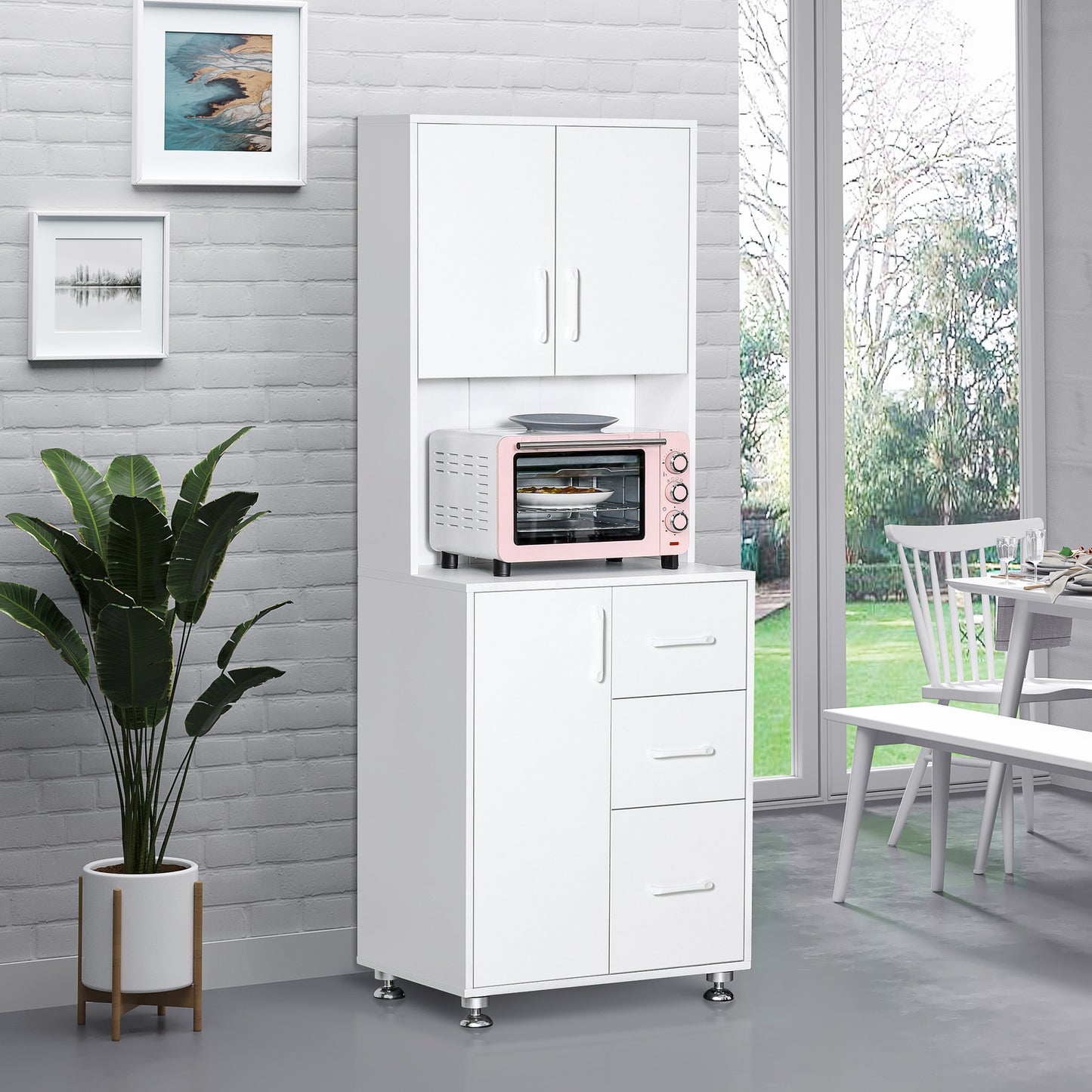 Cohana Wooden White Modern Kitchen Cupboard With 3 Drawers And Open Counter