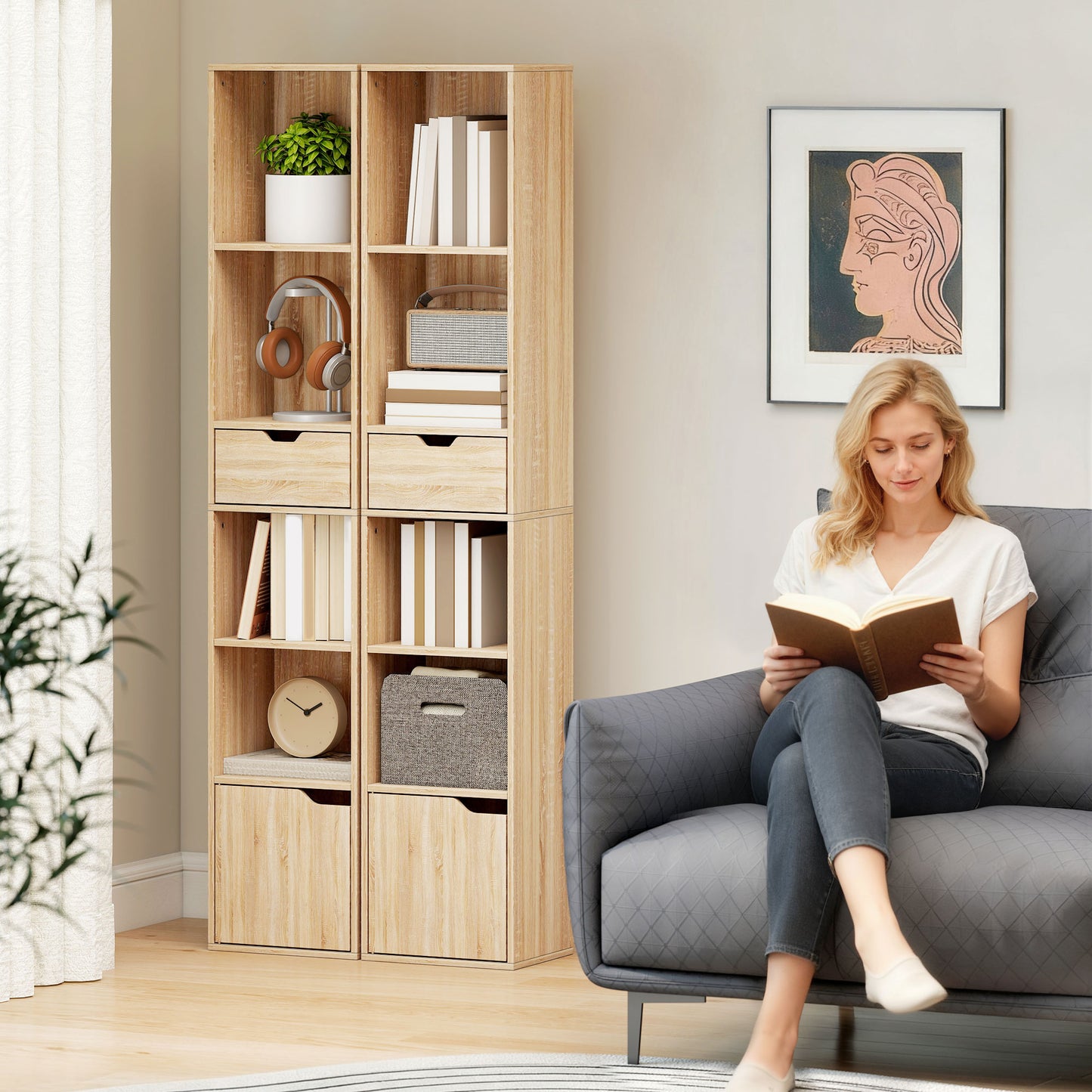 Lamoke Colu Wooden Natural Finish Tall Narrow 6 Tier Bookcase With Drawer And Door