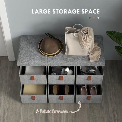 Taelha Light Grey Fabric Shoe Bench With Cushioned Seat And 6 Fabric Drawers
