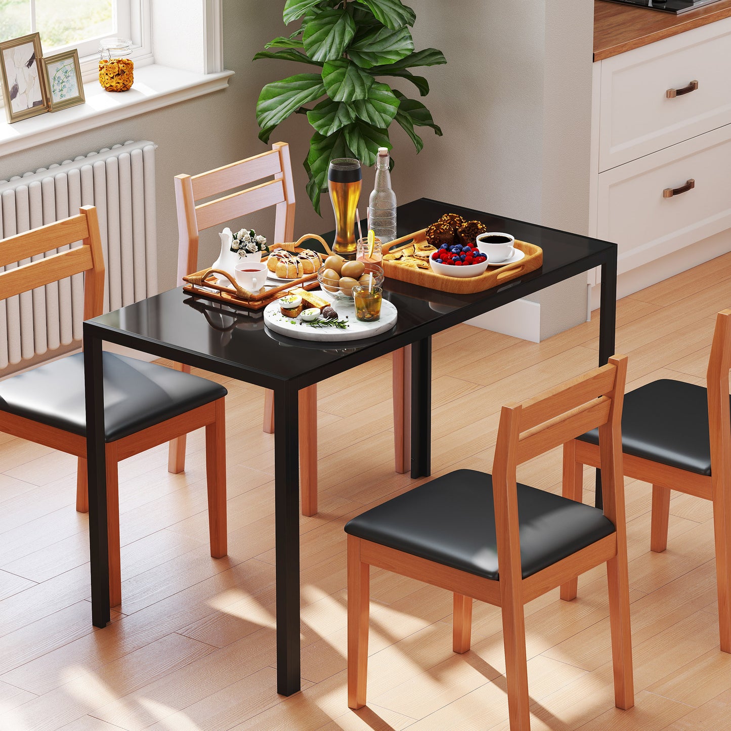 Tasefi 120cm Metal Black Rectangular Glass Dining Table 4 Seater Kitchen Table