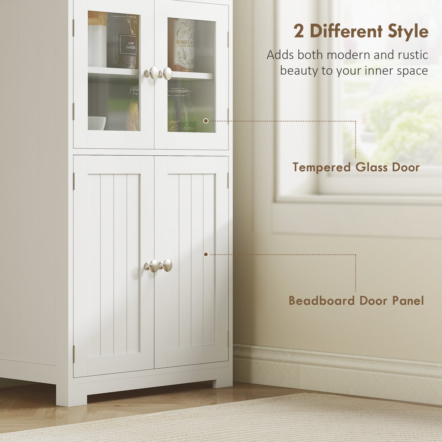 Doke Wooden White 4 Door Kitchen Cupboard With Glass Panels And Adjustable Shelves