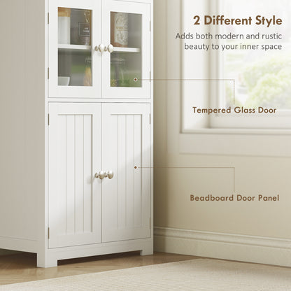 Doke Wooden White 4 Door Kitchen Cupboard With Glass Panels And Adjustable Shelves