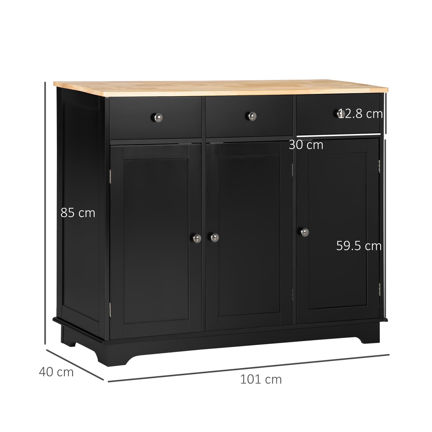 Totoro Black Sideboard With Natural Top 3 Doors 3 Drawers 3 Shelves