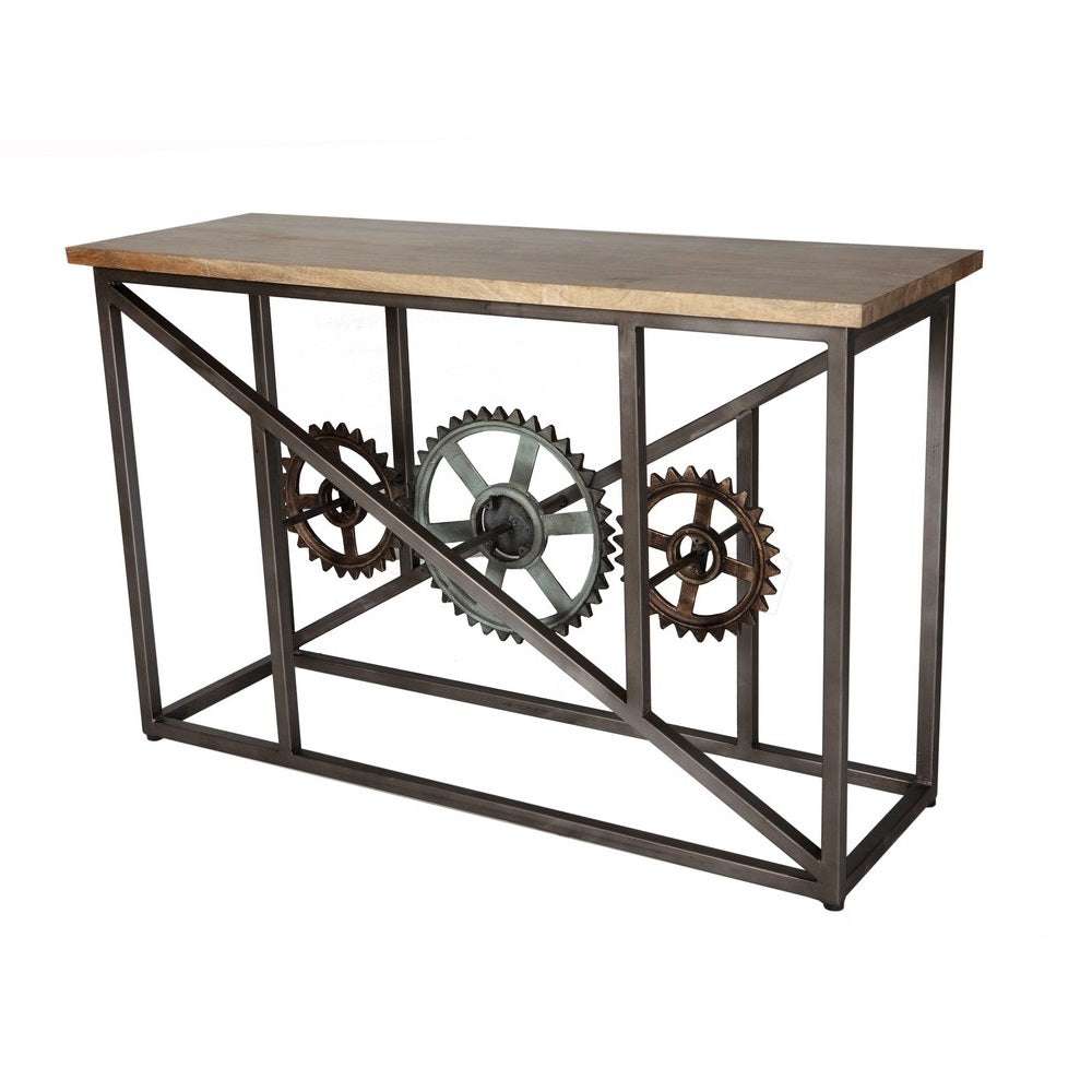 Hanko Industrial Reclaimed Wood and Metal Cogs Console Table