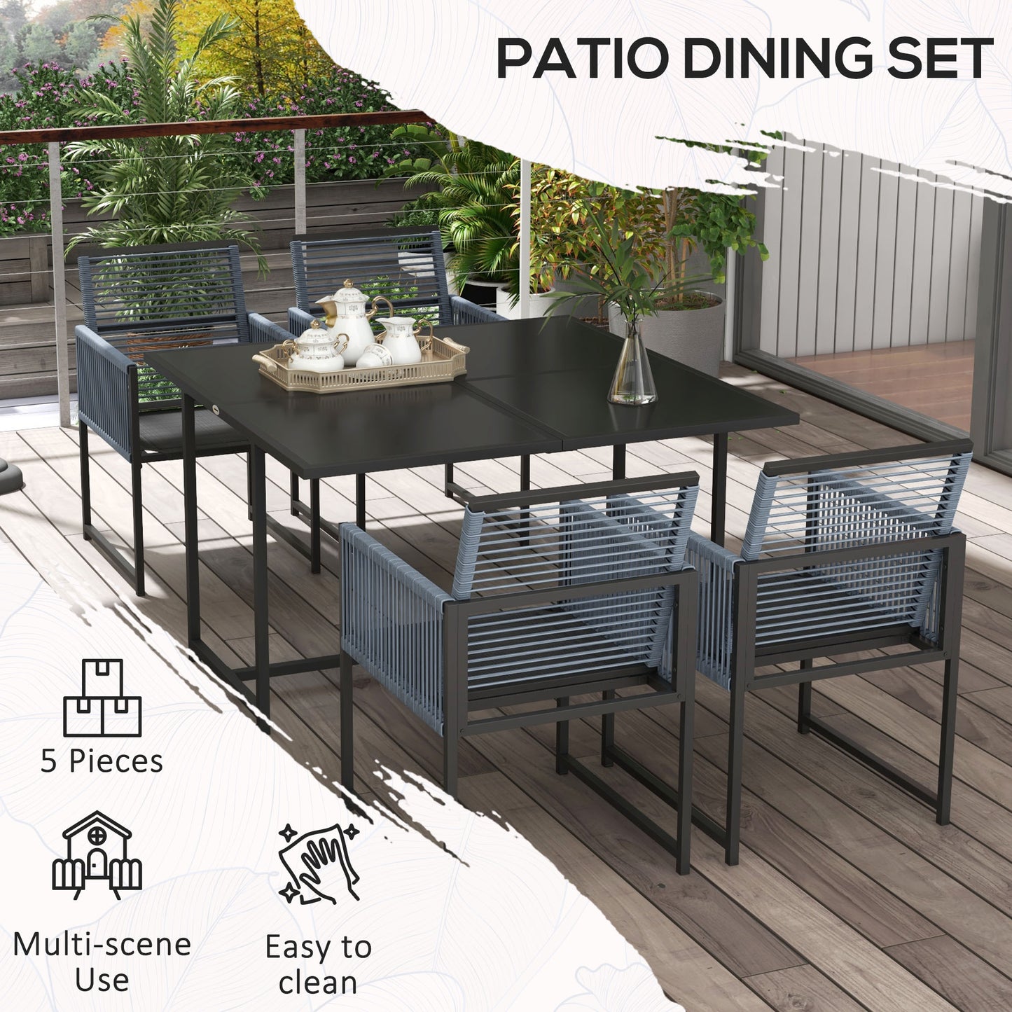 Nolu 4 Seater Metal Dark Grey Rattan Rope Garden Dining Set