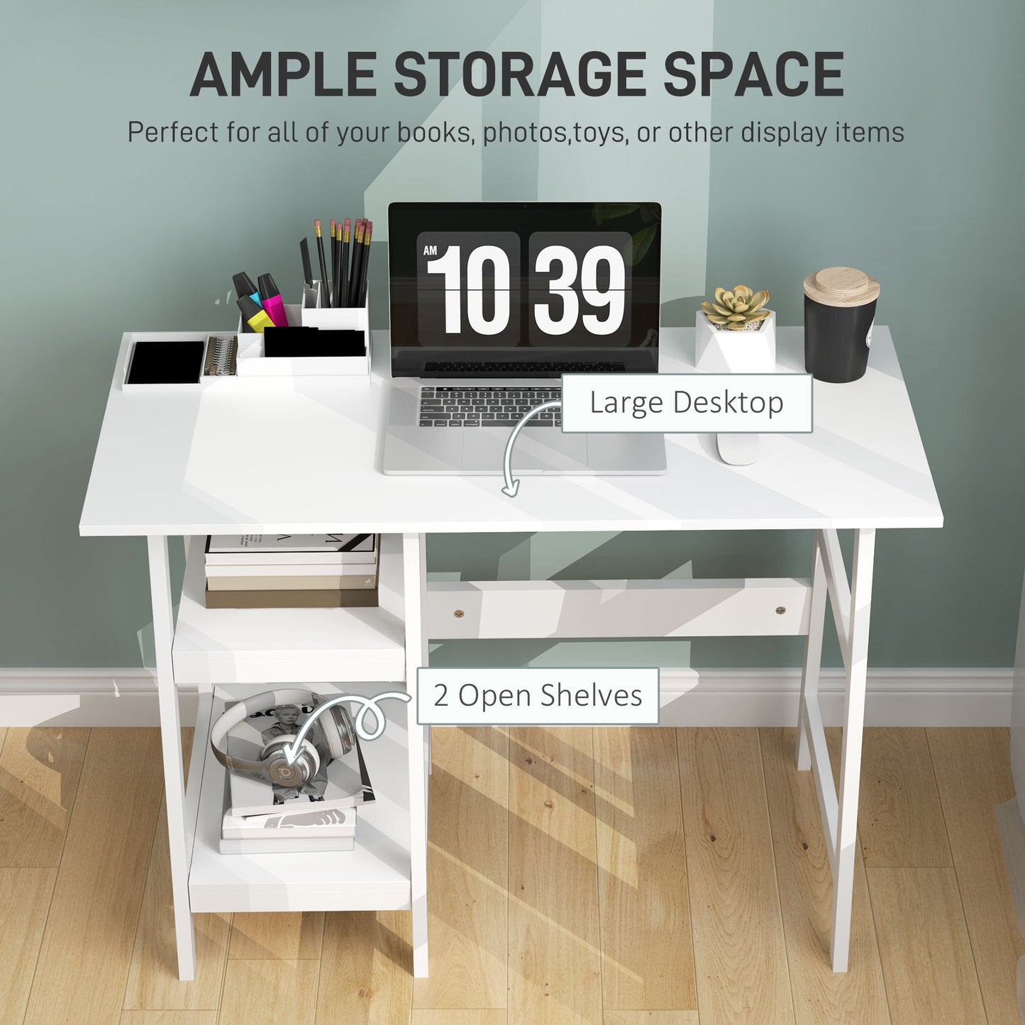 Hakeka 106cm White Wooden Compact Desk With Bookshelf Storage