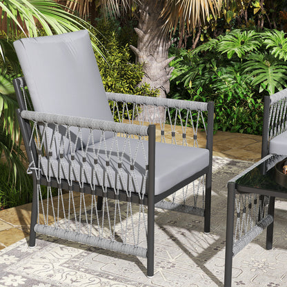 Zike Rattan Grey 4 Seater Outdoor Sofa Conversation Set With Glass Coffee Table